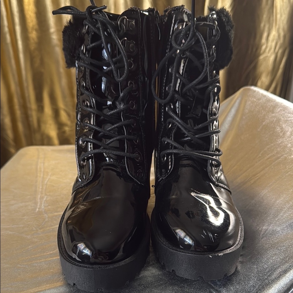 Black Combat Moto Boots with Glossy Finish